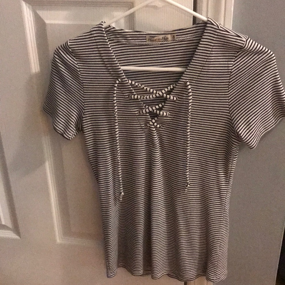 Striped tie front short sleeve knit top